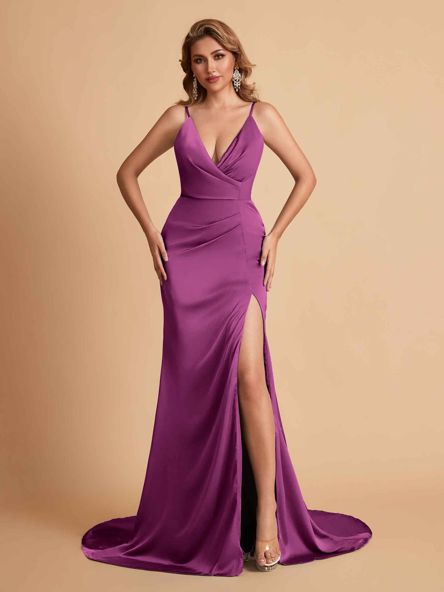 Elegant Satin Spaghetti Straps V-Neck Mermaid Side Slit Floor Length Bridesmaid Dresses