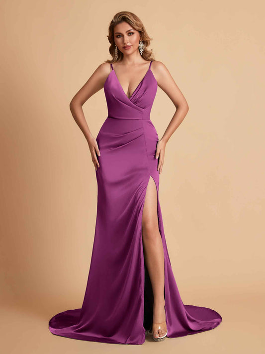 Elegant Satin Spaghetti Straps V-Neck Mermaid Side Slit Floor Length Bridesmaid Dresses