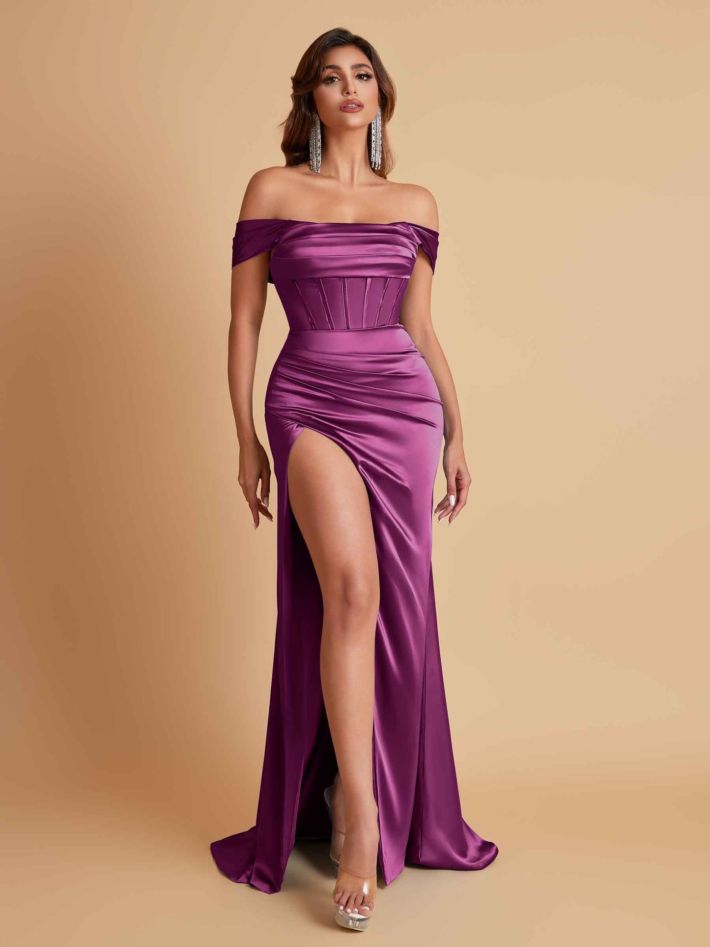 Sexy Off the Shoulder Soft Satin Side Slit Floor-Length Mermaid Bridesmaid Dresses