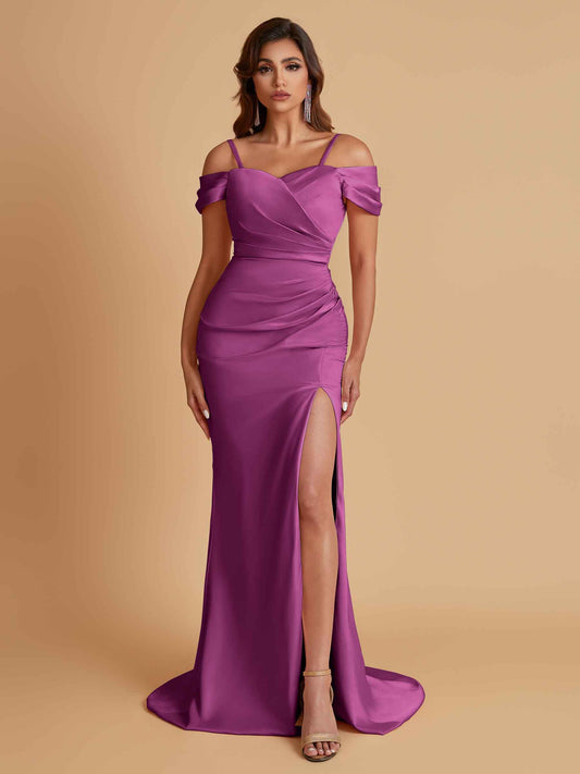 Sexy Soft Satin Mermaid Cold Shoulder Side Slit Floor-Length Bridesmaid Dresses Online