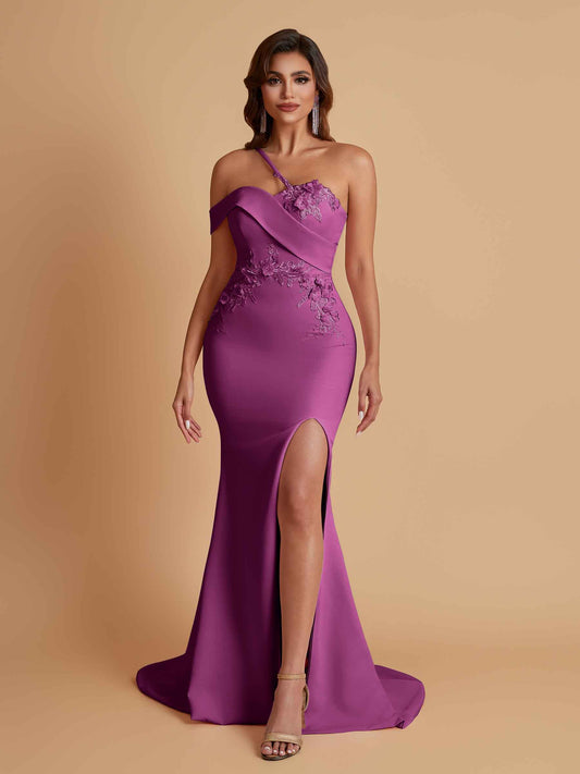 Sexy Soft Satin Mermaid One Shoulder Asymmetrical Side Slit Floor-Length Bridesmaid Dresses
