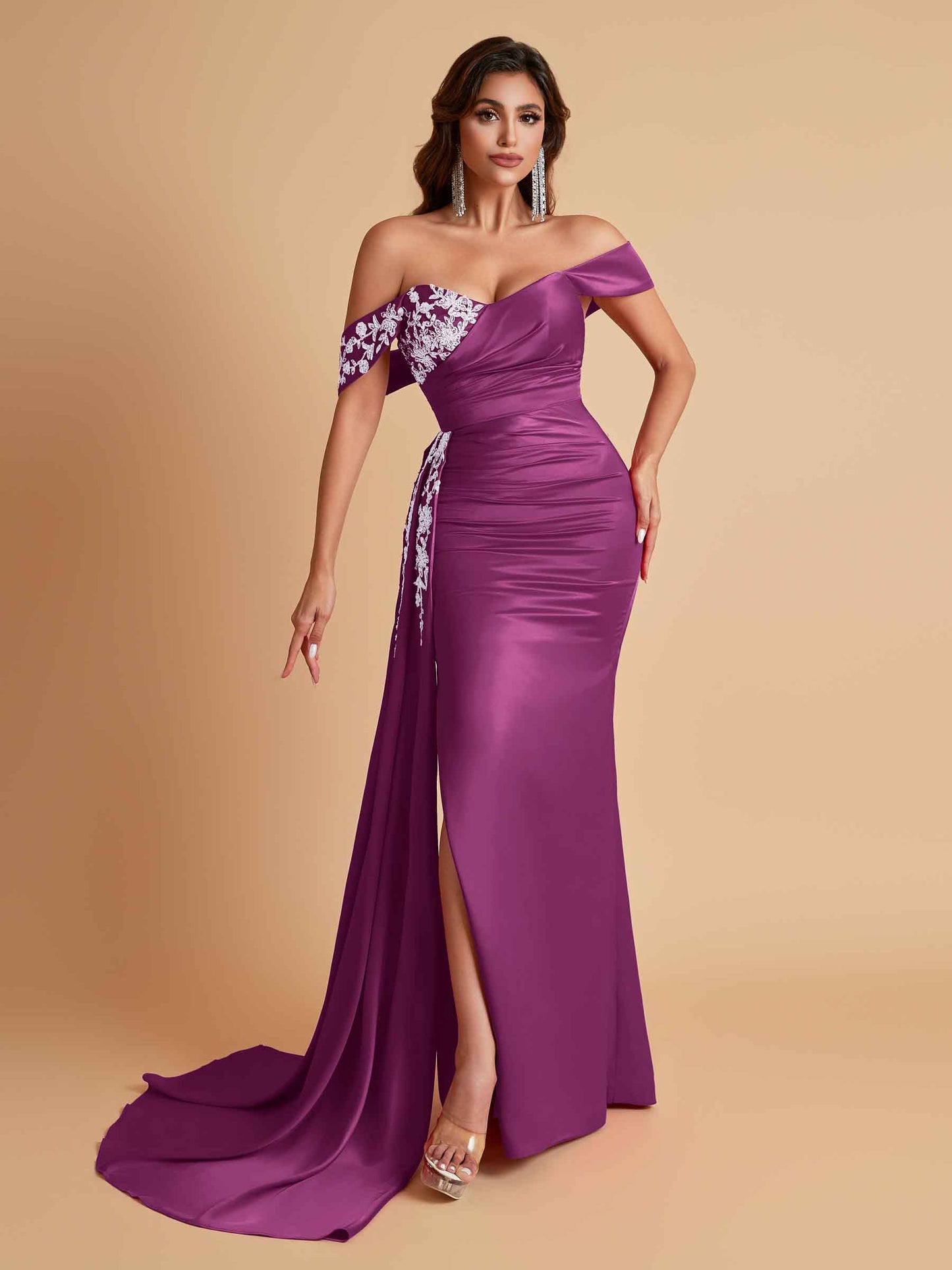 Elegant Soft Satin Mermaid Off Shoulder Floor-Length Mermaid Bridesmaid Dresses