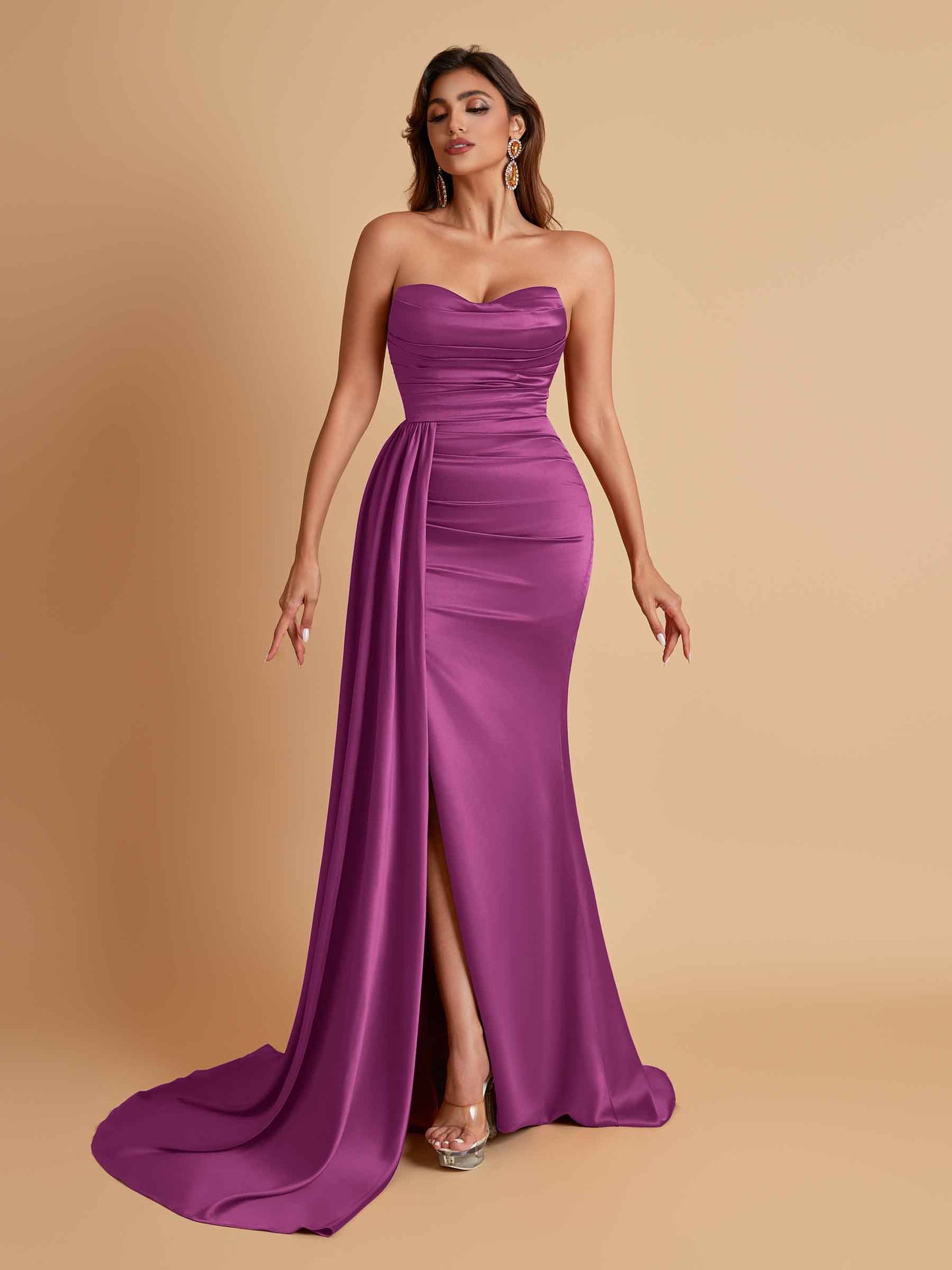 Elegant Soft Satin Sweetheart Strapless Side-Slit Mermaid Bridesmaid Dresses