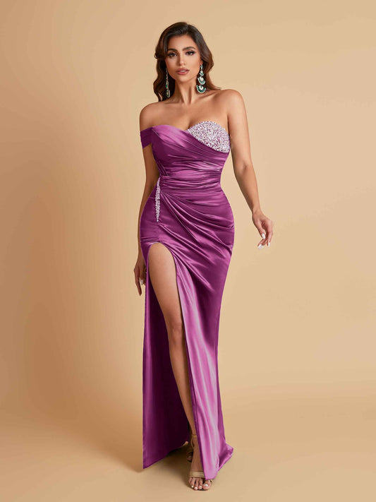 Sexy Soft Satin Mermaid One Shoulder Side Slit Floor-Length Mermaid Bridesmaid Dresses
