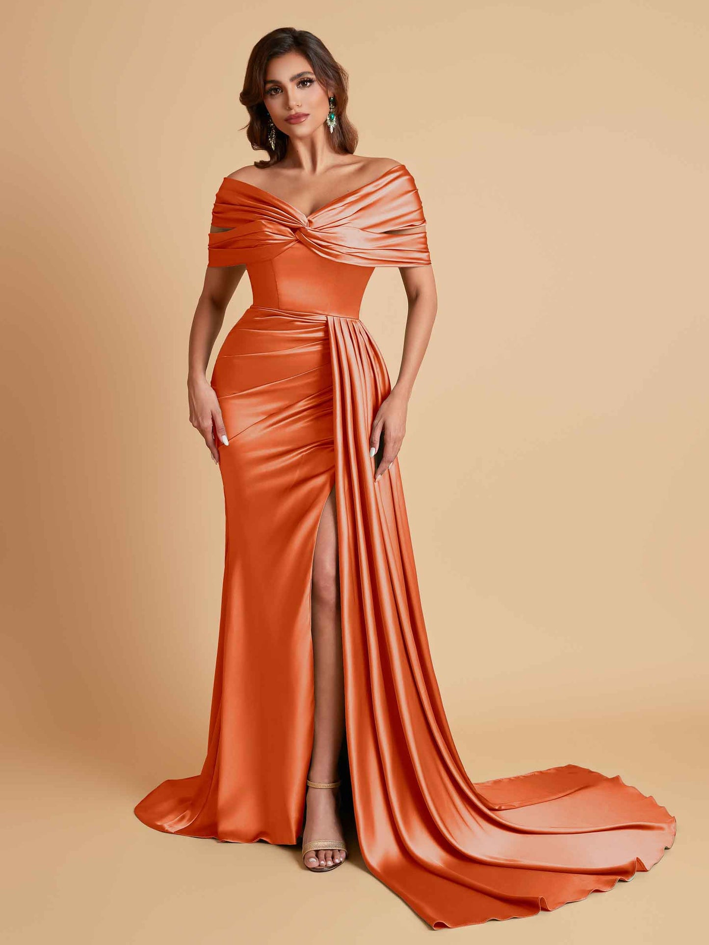 Elegant Soft Satin V-neck Off-the-Shoulder Side-Slit Mermaid Bridesmaid Dresses