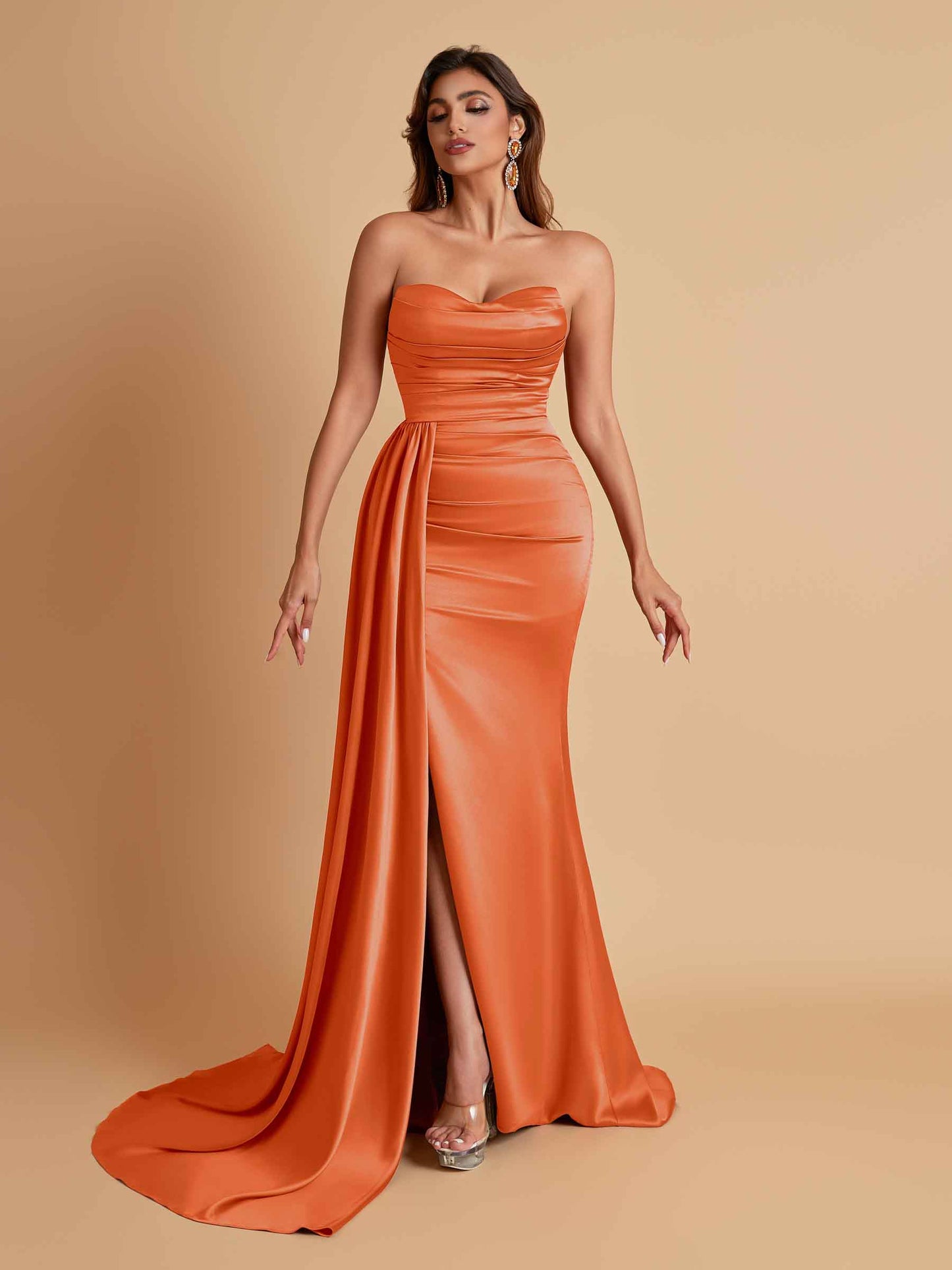 Elegant Soft Satin Sweetheart Strapless Side-Slit Mermaid Bridesmaid Dresses