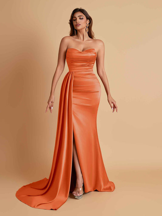 Elegant Soft Satin Sweetheart Strapless Side-Slit Mermaid Bridesmaid Dresses