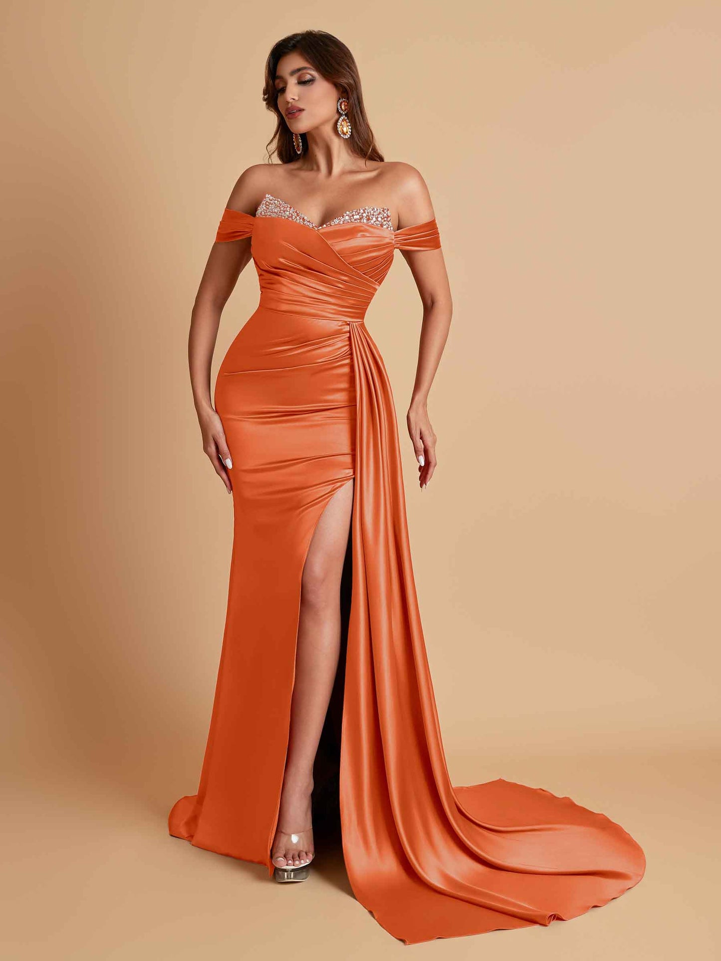 Gorgeous Soft Satin V-neck Off-the-Shoulder Side-Slit Mermaid Bridesmaid Dresses