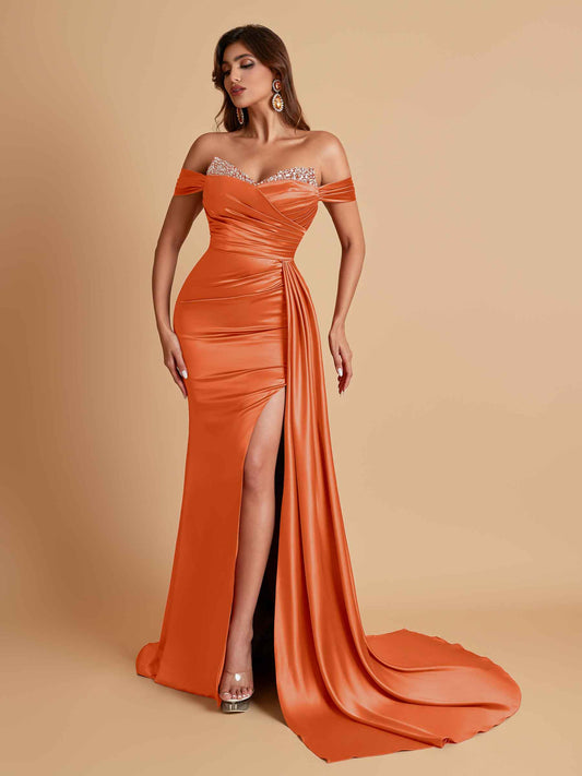 Gorgeous Soft Satin V-neck Off-the-Shoulder Side-Slit Mermaid Bridesmaid Dresses