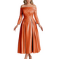 Off Shoulder Mother of the Bride Dress Tea-Length Satin Gown with Lace Applique