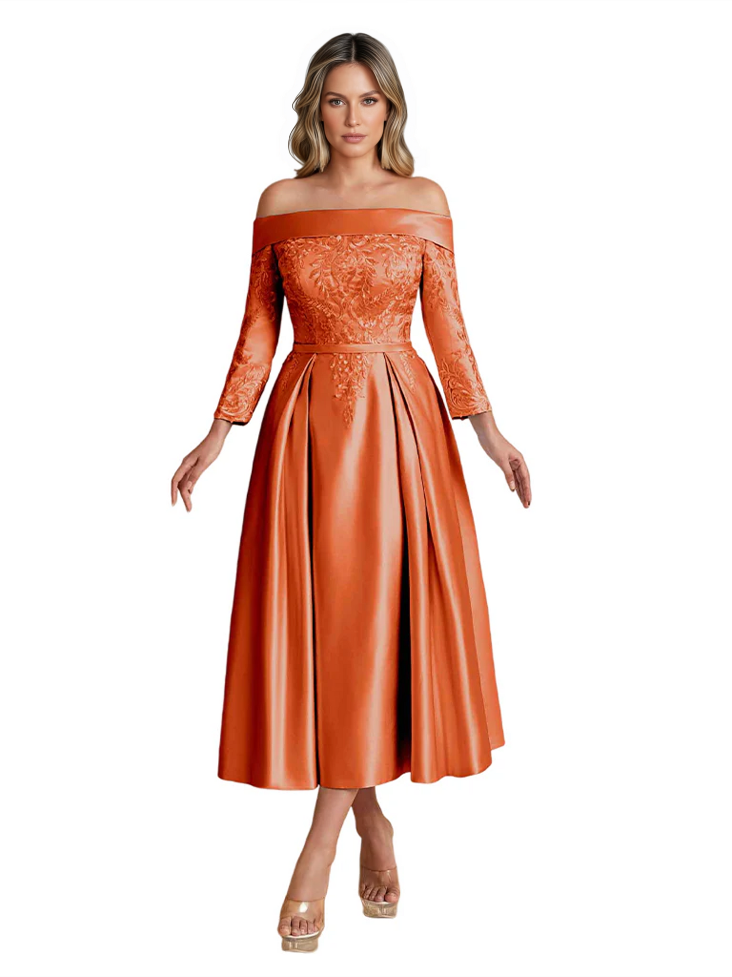 Off Shoulder Mother of the Bride Dress Tea-Length Satin Gown with Lace Applique