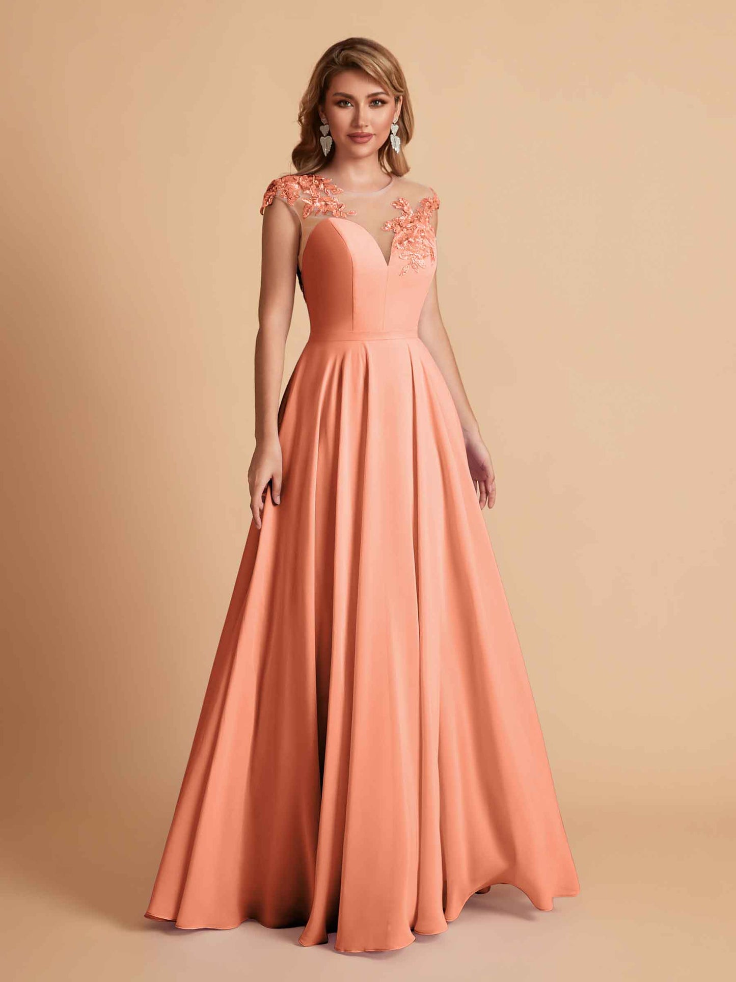 Chiffon Illusion Lace Top A-line Bridesmaid Dresses V-neck Floor Length Wedding Guest Dresses