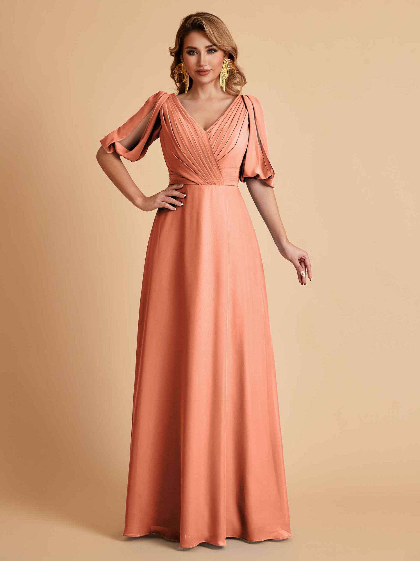 Elegant A-Line Chiffon Half Sleeves V-Neck Mother of the Brides Dresses Online
