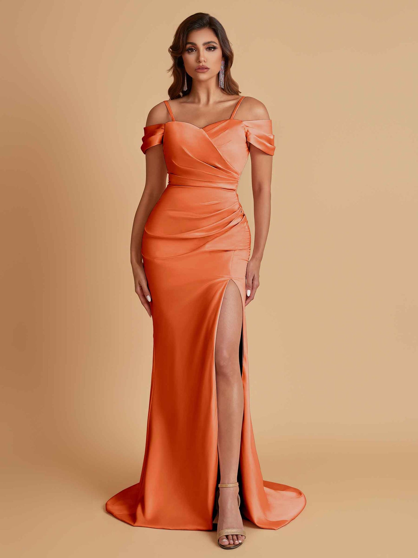 Sexy Soft Satin Mermaid Cold Shoulder Side Slit Floor-Length Bridesmaid Dresses Online