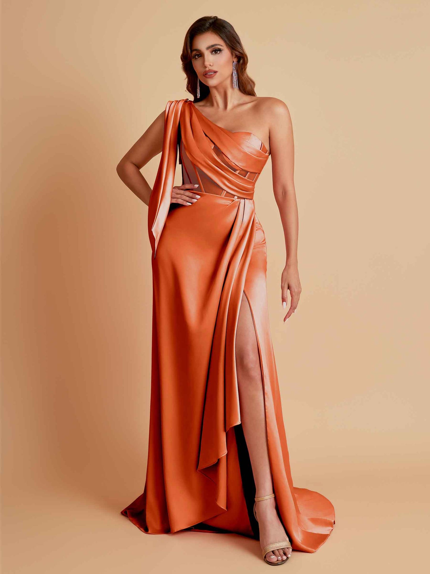 Sexy Soft Satin Mermaid One Shoulder Asymmetrical Side Slit Floor-Length Bridesmaid Dresses