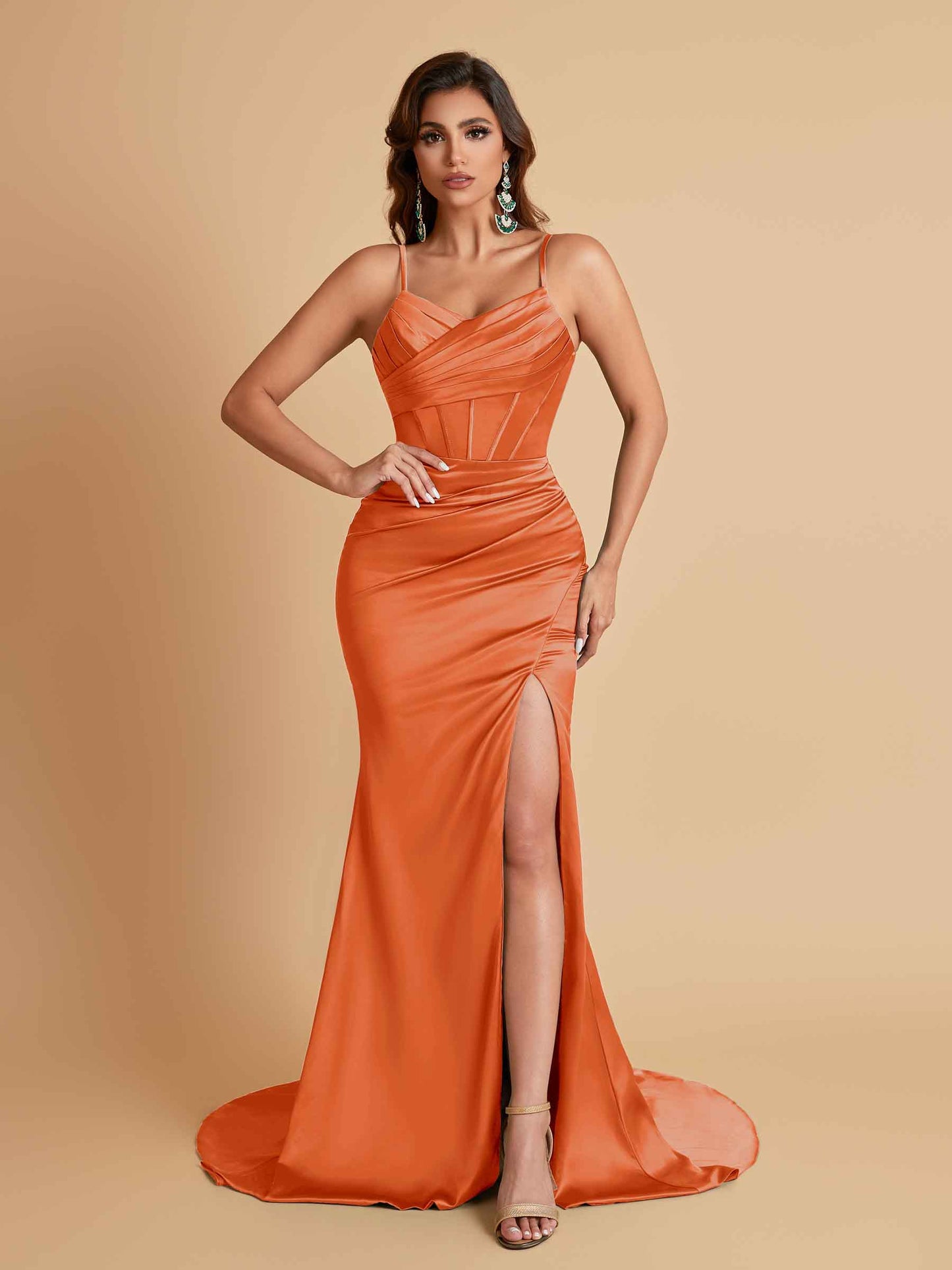 Sexy Spaghetti Straps V Neck Soft Satin Side Slit Floor-Length Mermaid Bridesmaid Dresses