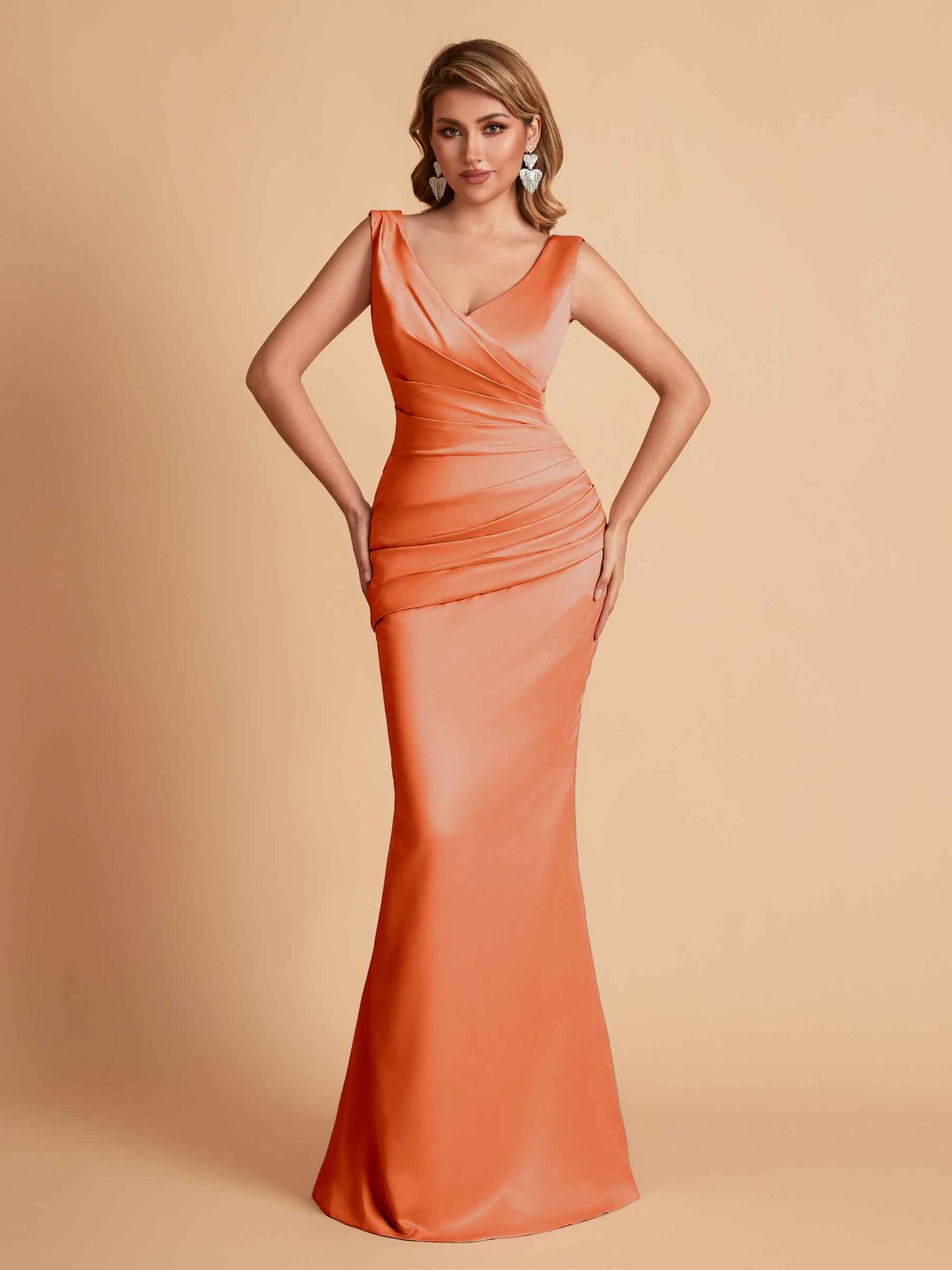 Elegant Satin V-neck Sleeveless Mermaid Floor Length Bridesmaid Dresses