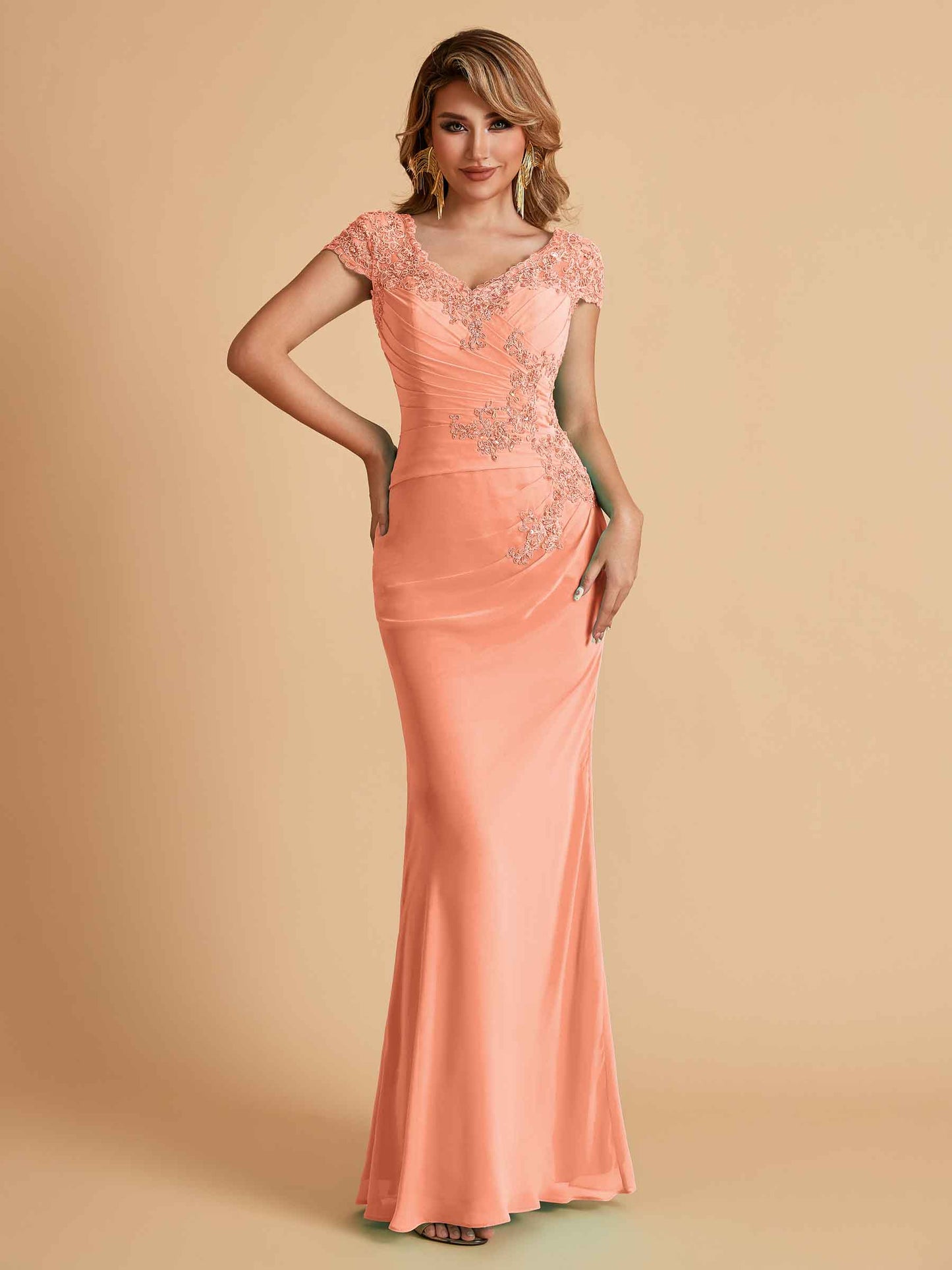 Elegant Mermaid Chiffon Cap Sleeves V-Neck Mother of the Brides Dresses Online