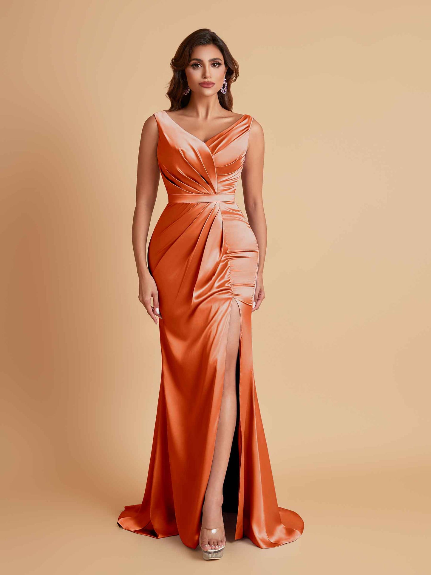 Elegant V Neck Soft Satin Side Slit Floor-Length Mermaid Bridesmaid Dresses