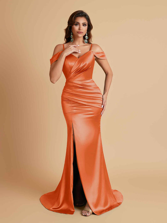 Sexy Soft Satin Mermaid Off Shoulder Side Slit Floor-Length Mermaid Bridesmaid Dresses
