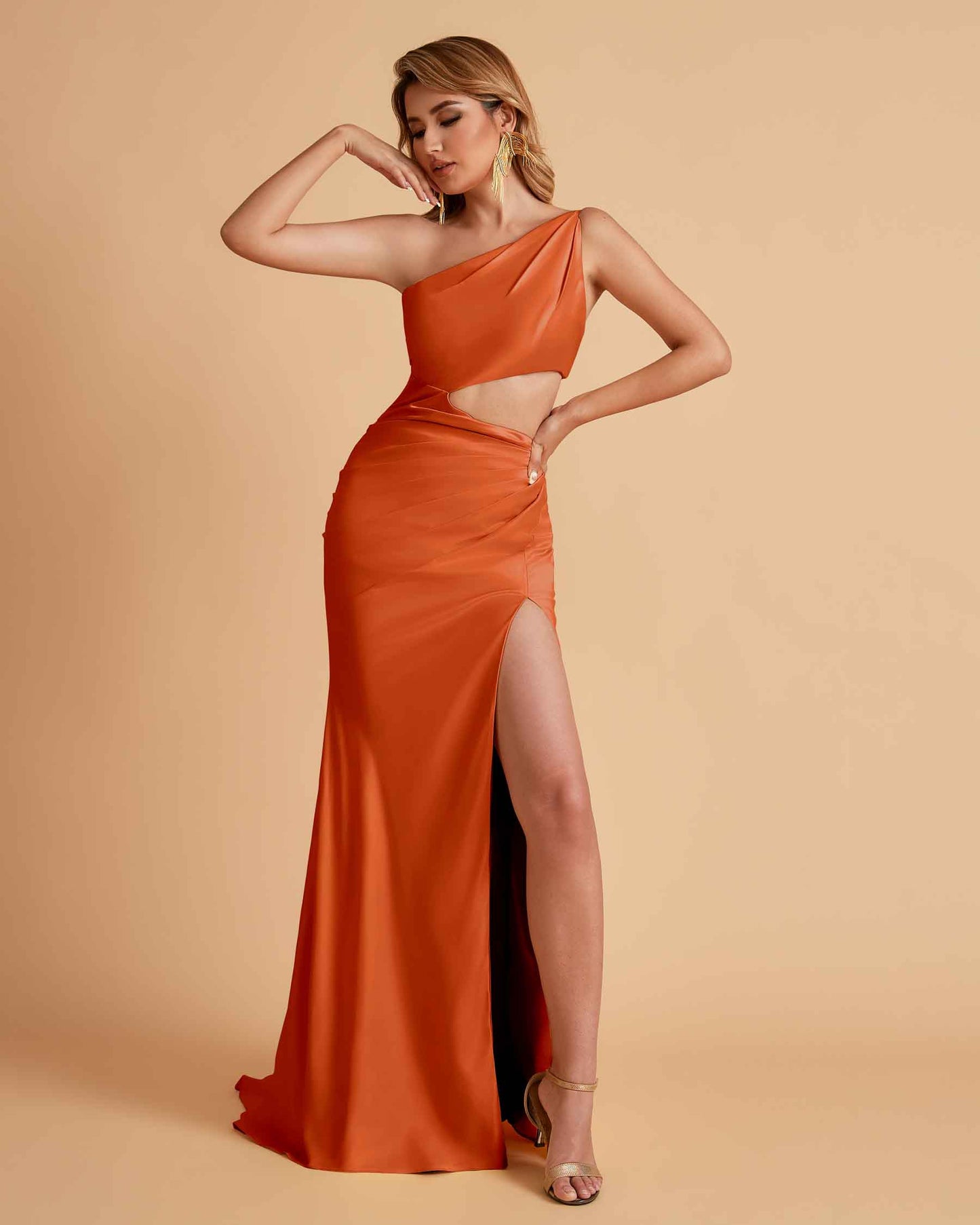 Sexy One-Shoulder Waist Cutout With High Split Floor-Length Bridesmaid Dresses