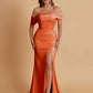 Elegant Soft Satin Mermaid Off Shoulder Asymmetrical Side Slit Floor-Length Bridesmaid Dresses