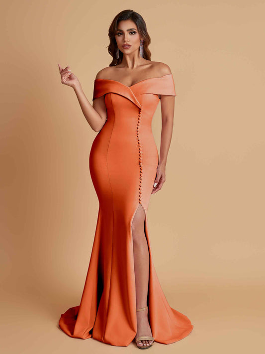Elegant Soft Satin Mermaid Off Shoulder Side Slit Floor-Length Bridesmaid Dresses