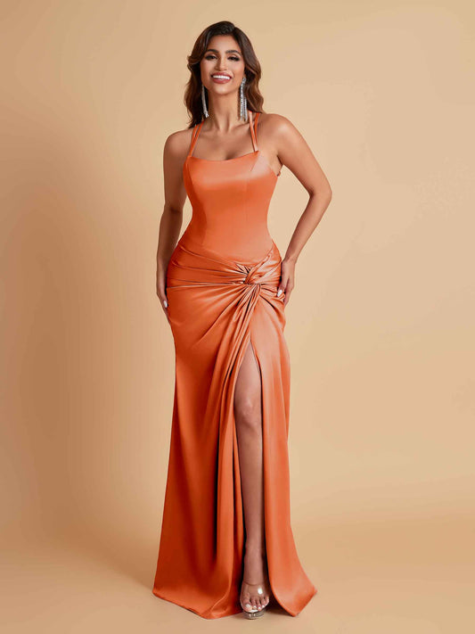 Gorgeous Square Criss Cross Soft Satin Side Slit Floor-Length Mermaid Bridesmaid Dresses