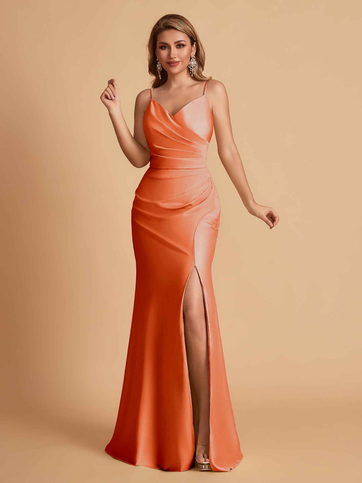 Elegant Satin Spaghetti Straps Mermaid Side Slit Floor Length Bridesmaid Dresses