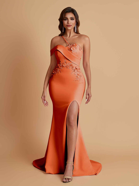 Sexy Soft Satin Mermaid One Shoulder Asymmetrical Side Slit Floor-Length Bridesmaid Dresses