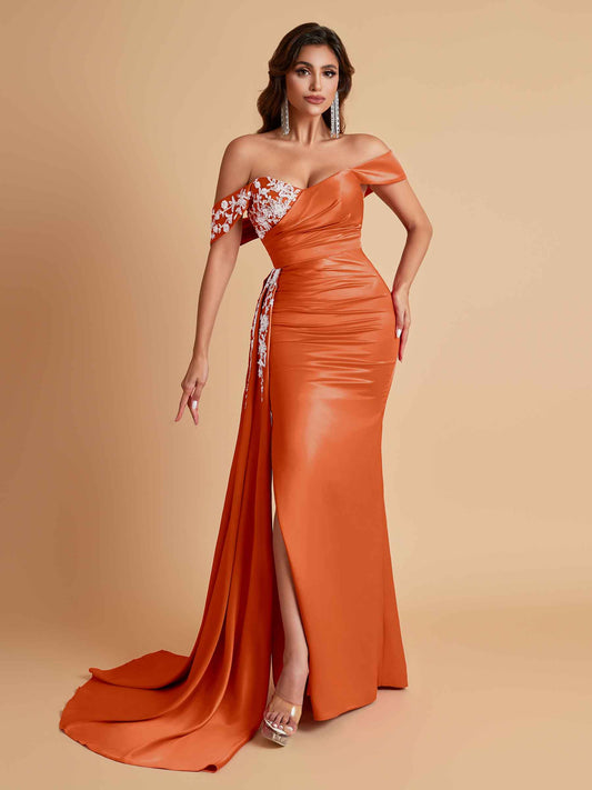Elegant Soft Satin Mermaid Off Shoulder Floor-Length Mermaid Bridesmaid Dresses