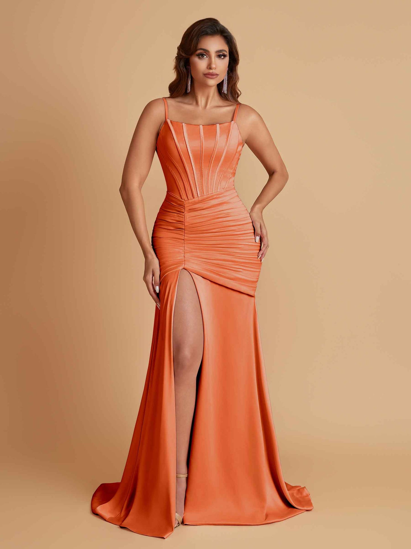 Sexy Soft Satin Mermaid Spaghetti Straps Side Slit Floor-Length Bridesmaid Dresses
