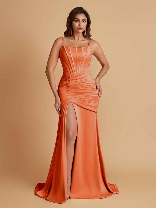 Sexy Soft Satin Mermaid Spaghetti Straps Side Slit Floor-Length Bridesmaid Dresses