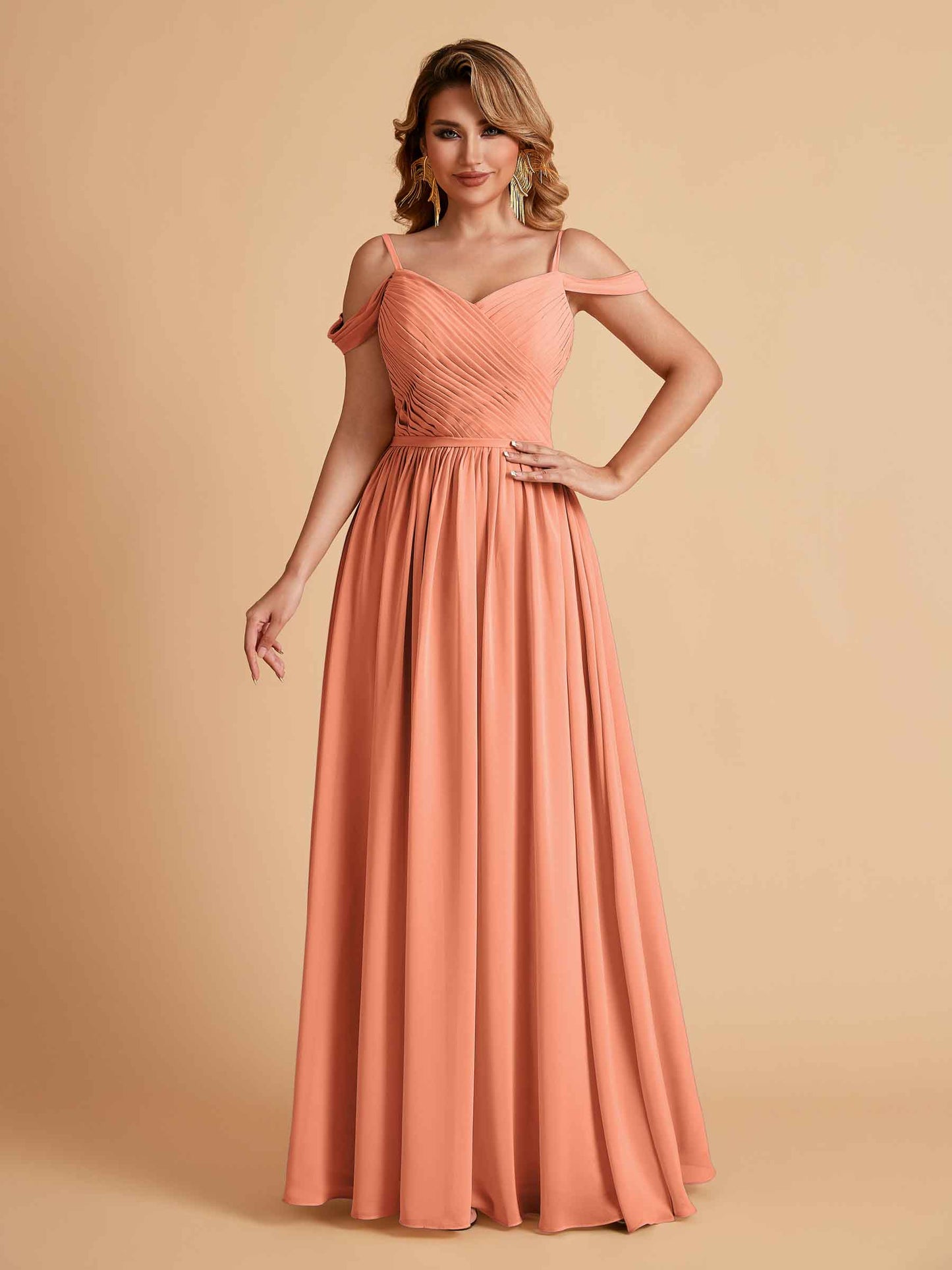 Elegant A-line Chiffon Off The Shoulder V-Neck Bridesmaid Dresses Online