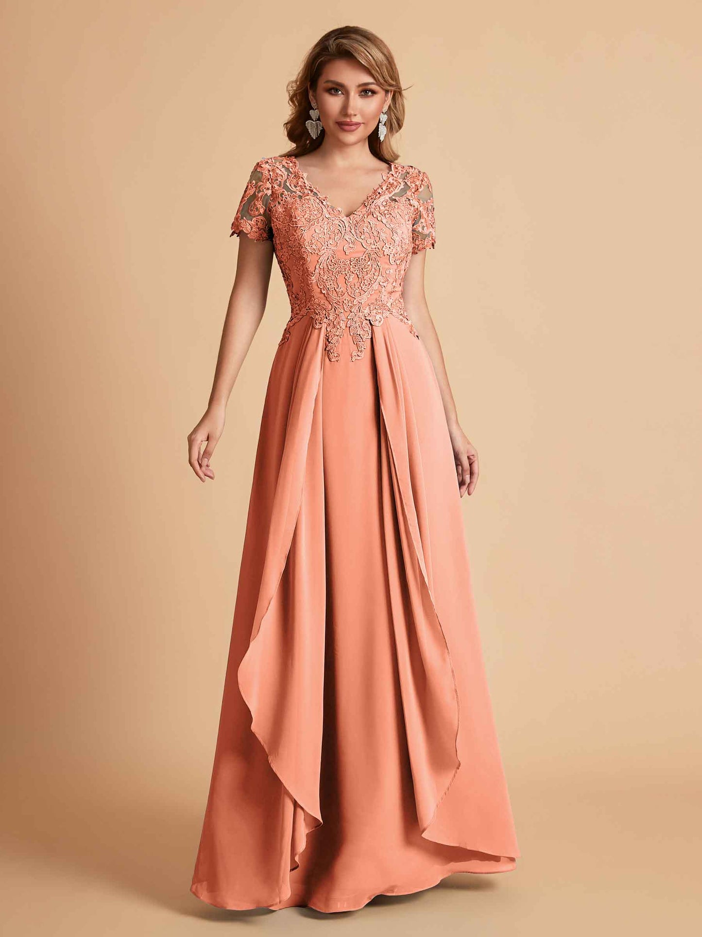 Elegant A-Line Chiffon Short Sleeves V-neck Mother of the Brides Dresses Lace Top MOB Dresses