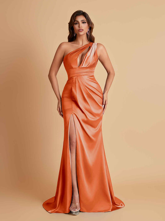 Sexy One Shoulder Soft Satin Side Slit Floor-Length Mermaid Bridesmaid Dresses