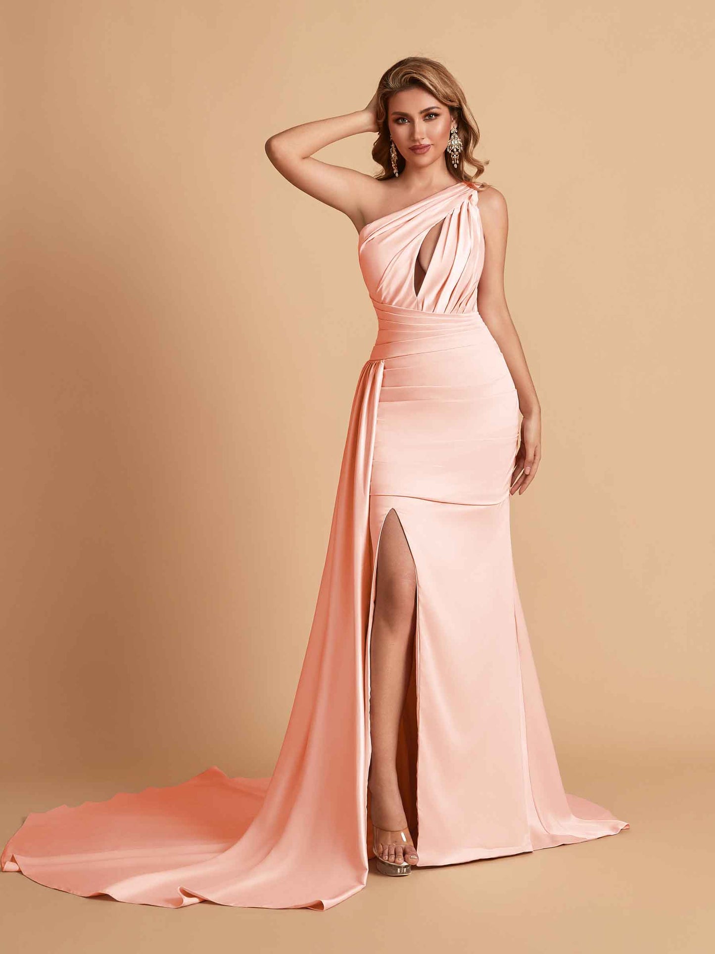 Sexy Satin Mermaid One Shoulder Side Slit Long Bridesmaid Dresses