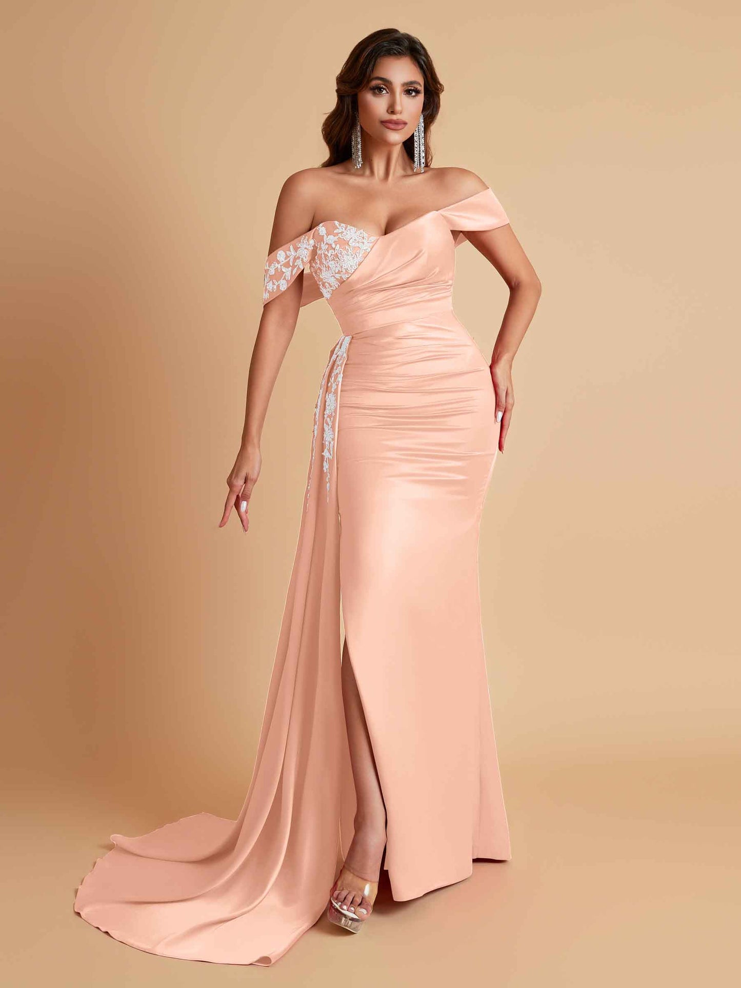 Elegant Soft Satin Mermaid Off Shoulder Floor-Length Mermaid Bridesmaid Dresses