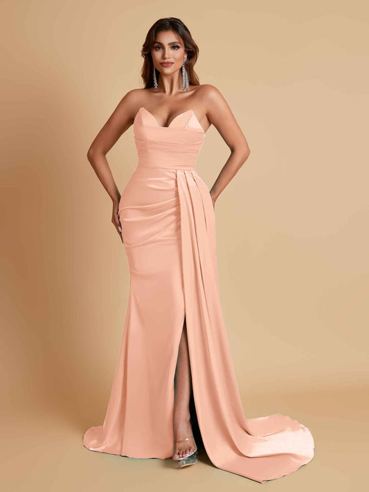 Gorgeous Strapless Soft Satin Side Slit Floor-Length Mermaid Bridesmaid Dresses