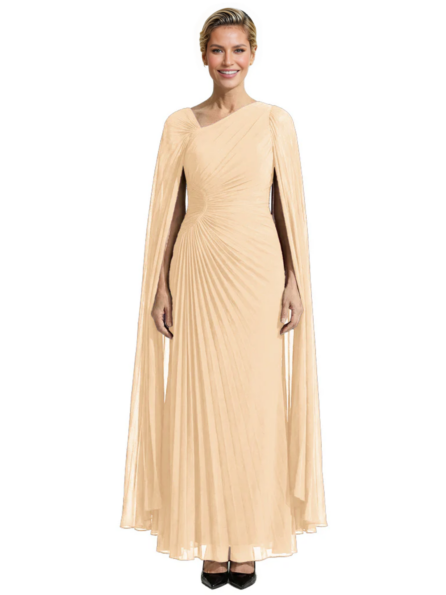 Elegant Asymmetric Neck Long A-Line Chiffon Mother of the Brides Dresses Mom Outfit with Cape