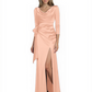 Elegant Evening Gowns Slit Trending Styles Satin Slit Formal Dress Cowl Neckline Gown Tie