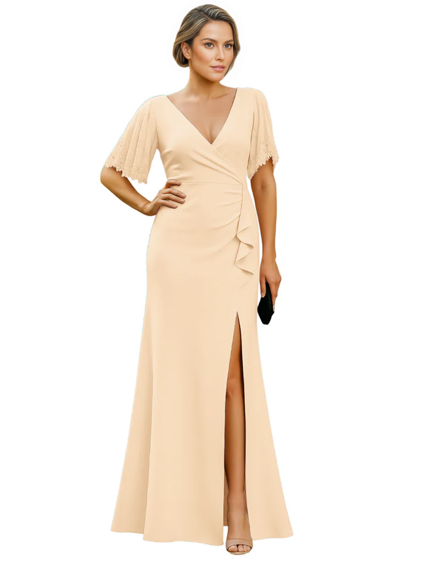 Elegant Evening Gown Trending V-Neck & Ruffle Detail Mother of Bride Outfits Slit