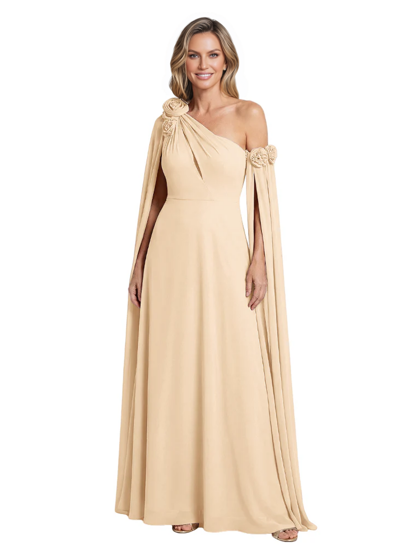 One Shoulder Mother of the Bride Dress Asymmetrical Cape Sleeve Gown with Floral