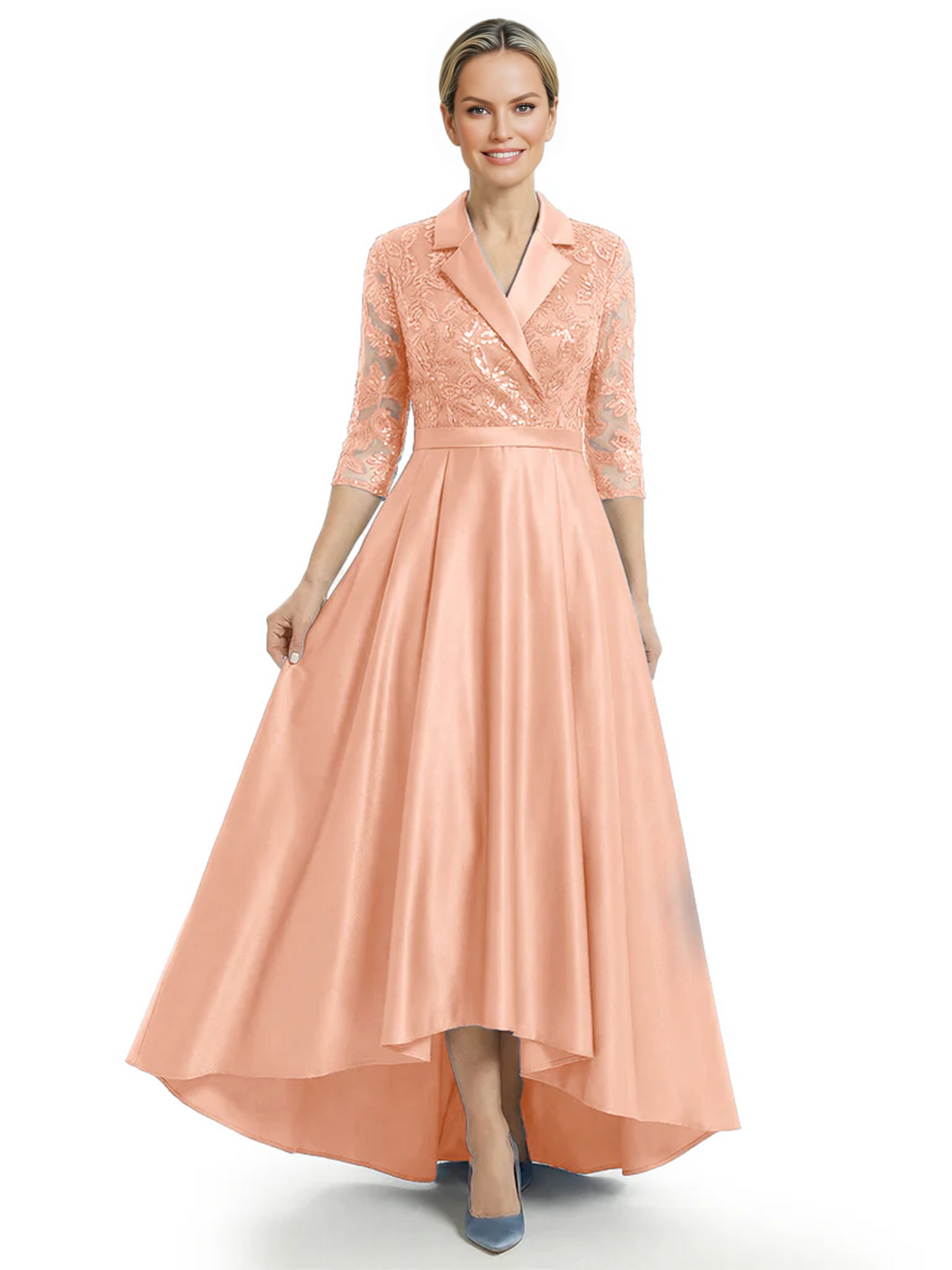 Elegant Mother of Bride Dress Evening Gowns Trending Styles with Lapel Collar 3/4 Sleeves