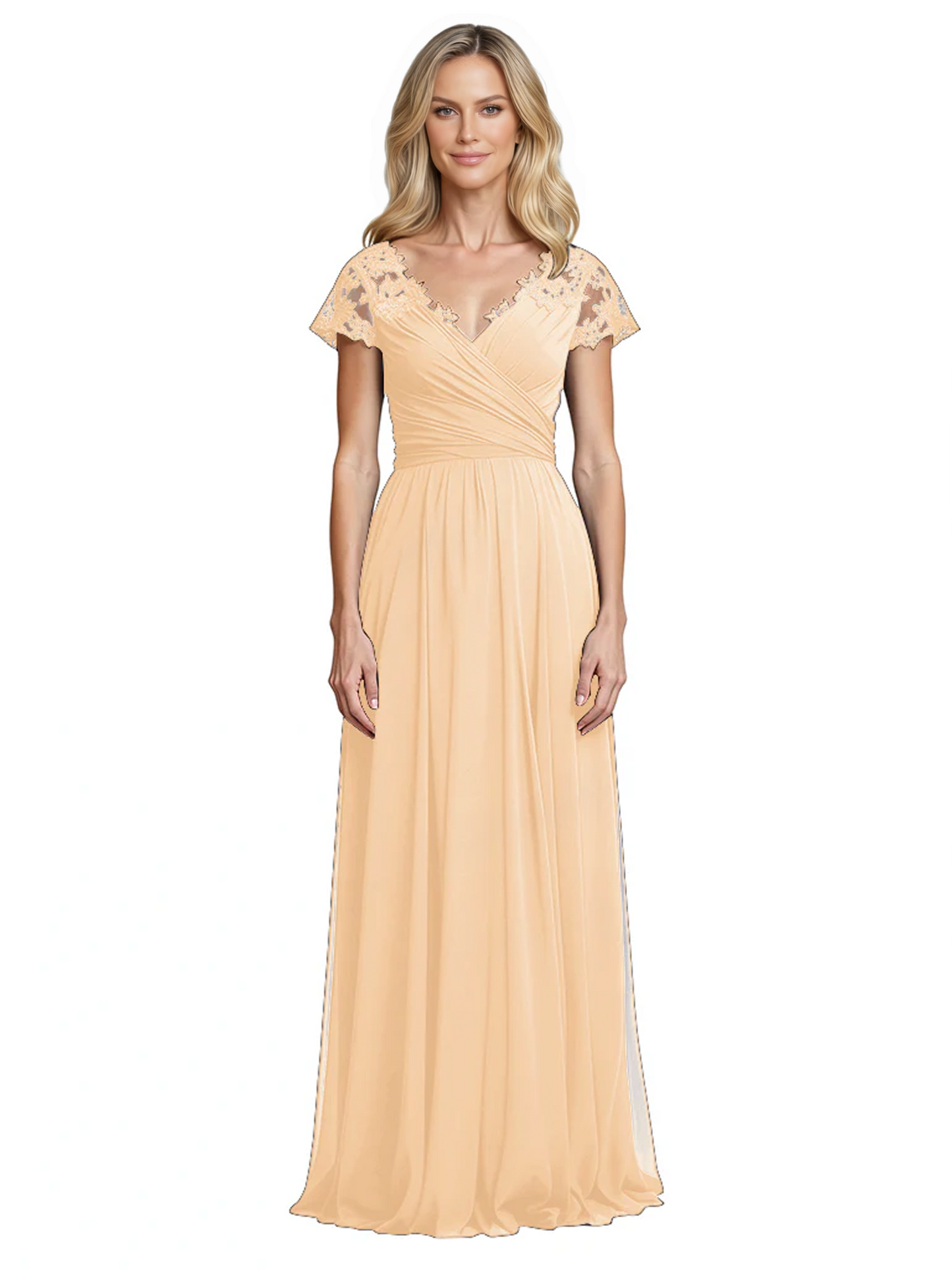 Mother of the Bride Dress Cap Sleeves and V-Neckline with Embroidered Lace Shoulders