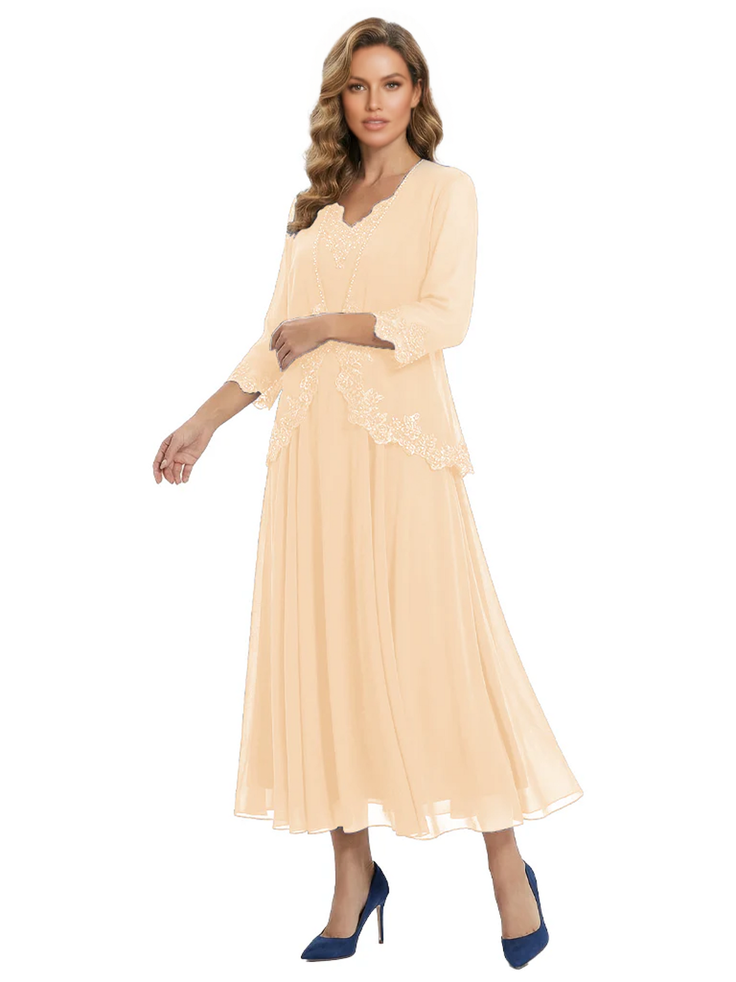 3/4 Sleeve Chiffon Mother of the Brides Dresses V-Neck Wedding Party Gowns