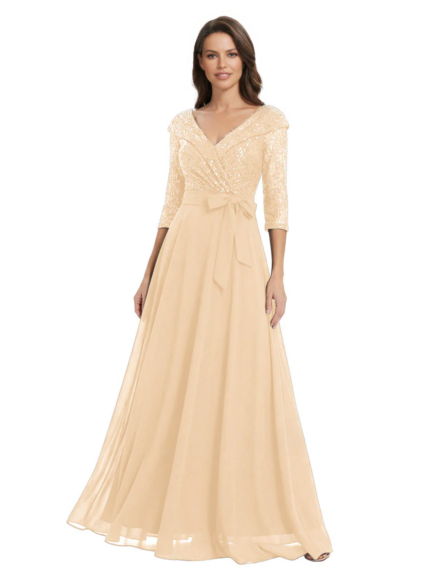 Chiffon Mother of the Bride Dress with Sequin V-Neck and Elegant Bow Sash