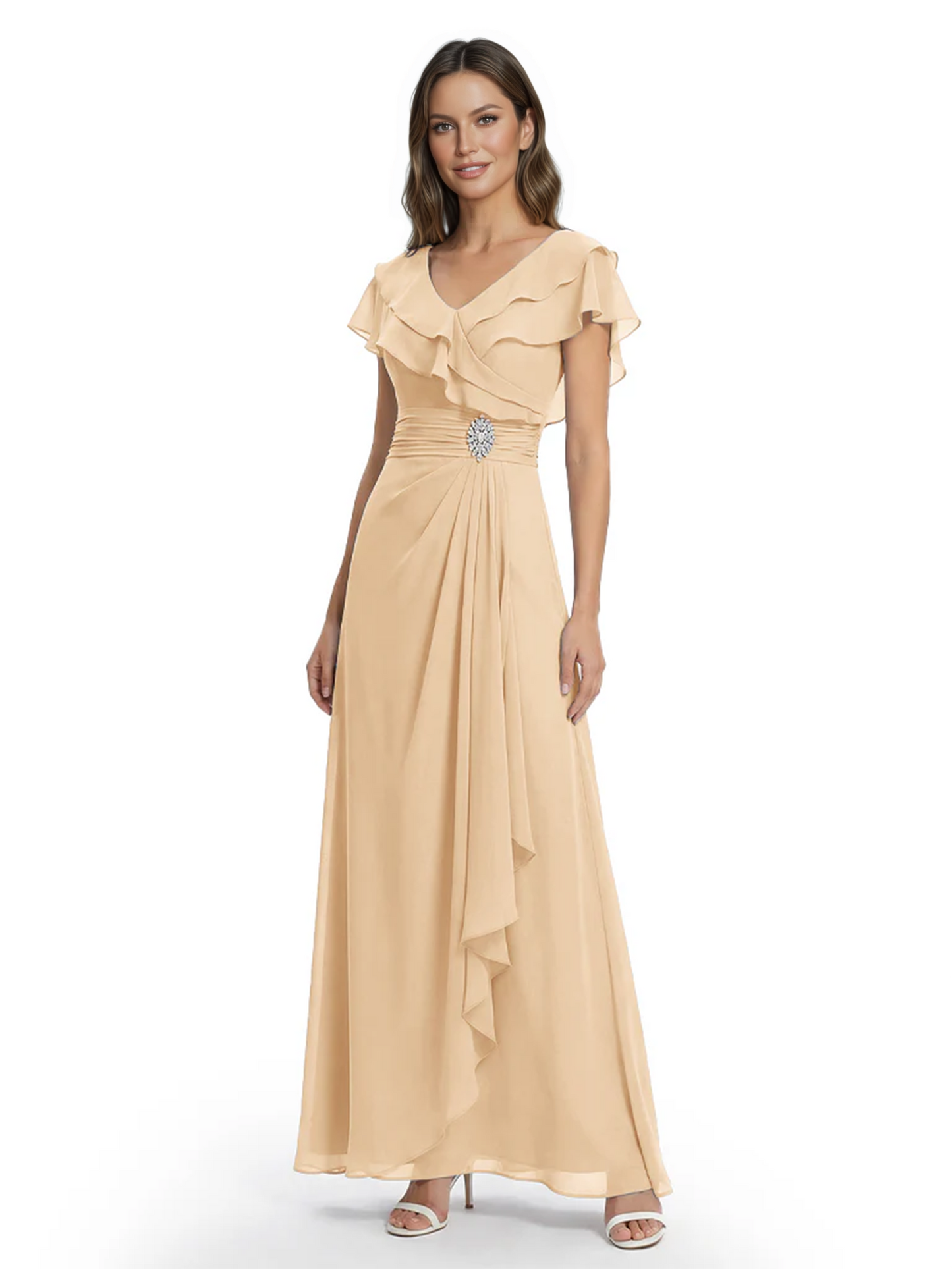 Elegant Mother of the Groom Dress Cascading Ruffle Chiffon Formal Gown Rhinestone