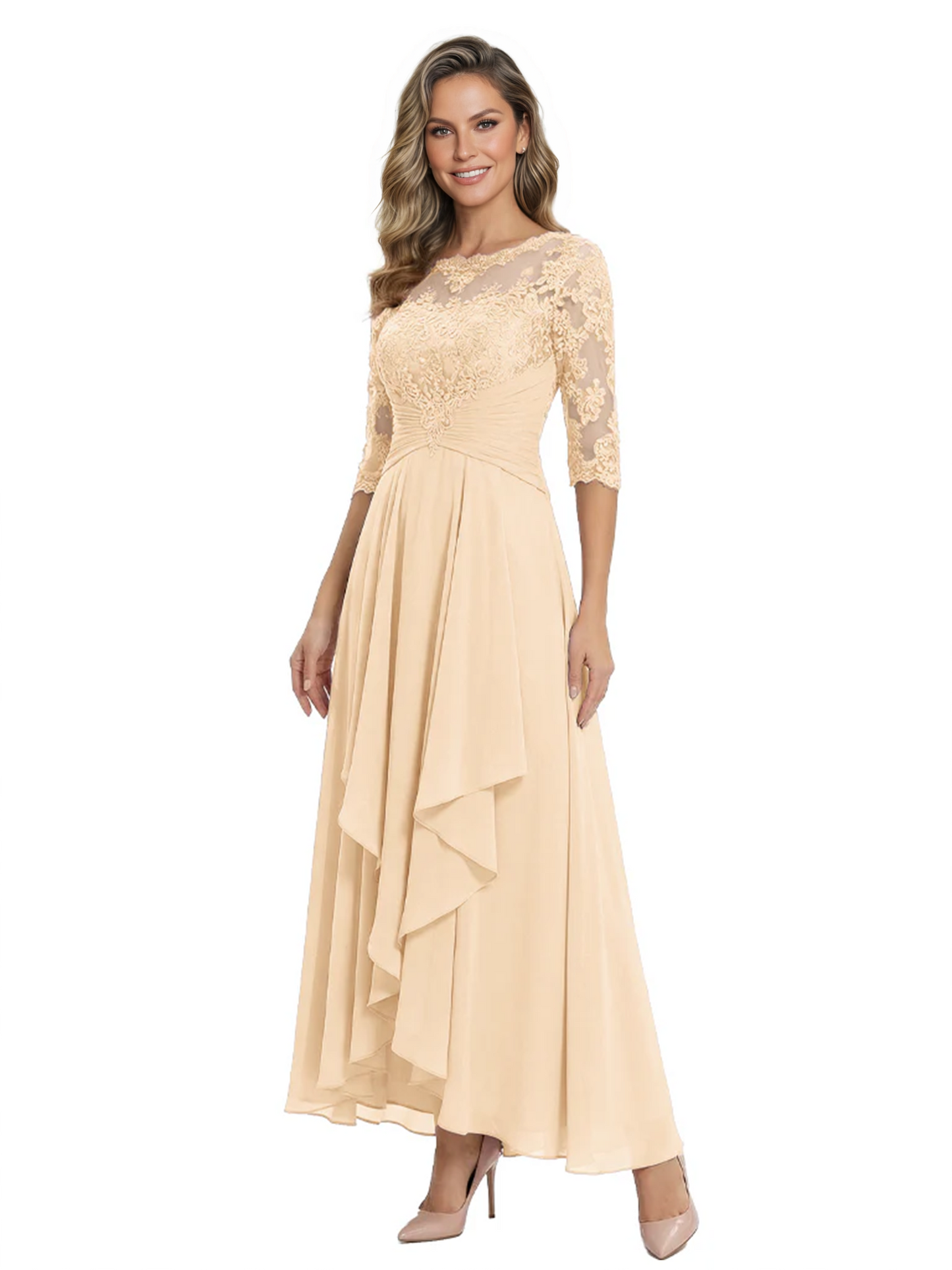3/4 Sleeve Mother of the Bride Dress with Lace Embroidery High-Low Hem 2026