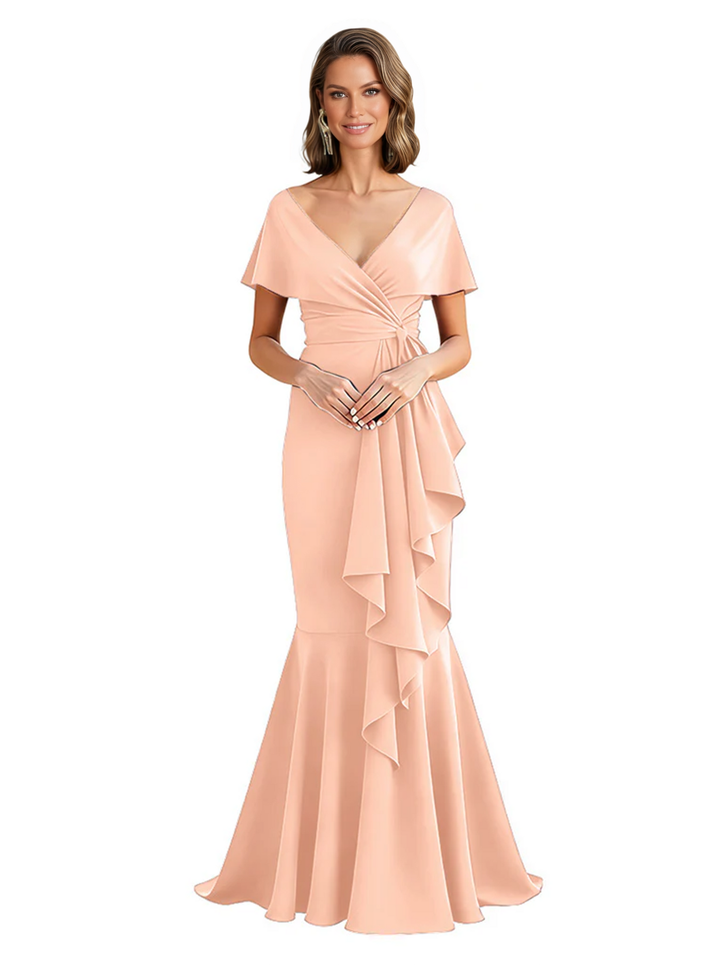 Satin Mother of the Bride Dress with Cascading Ruffles and Mermaid Tail V-Neck